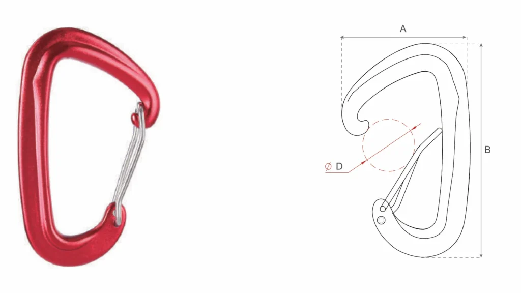 D601T red aluminum wire-gate carabiner specifications and dimensions diagram, lightweight climbing hardware technical drawing.