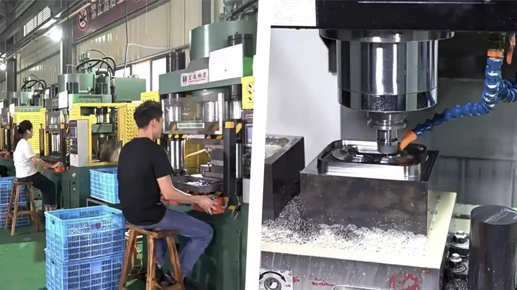 Professional carabiner manufacturing process featuring industrial hydraulic presses and high-precision CNC machining for durable aluminum hardware production.