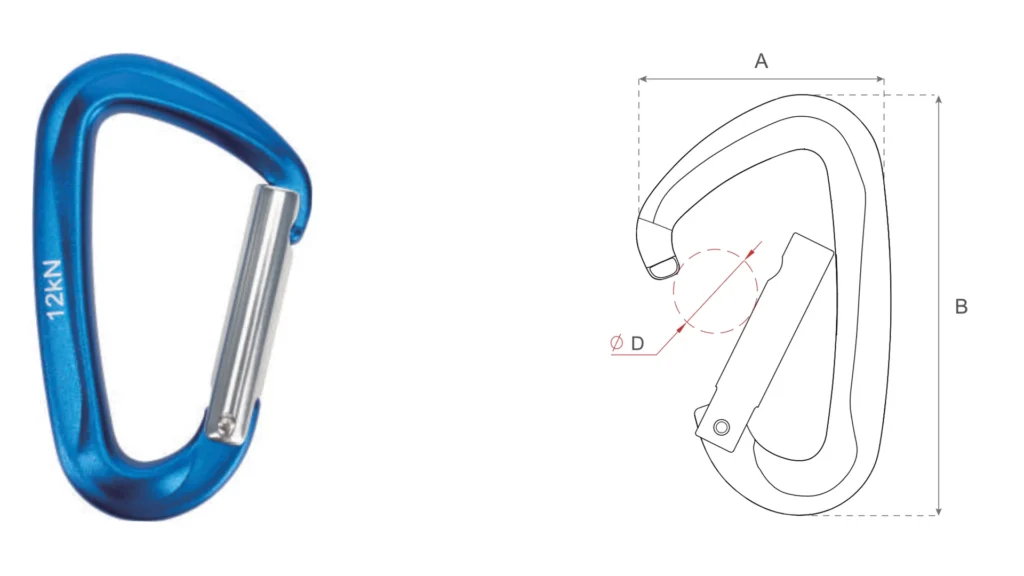 D701S1 aluminum carabiner with technical drawing, showing 12kN MBS, 7075 aviation aluminium material and dimensions A, B, D.