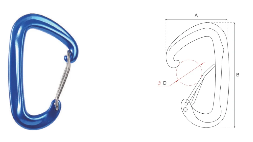 D701T ultra-lightweight wire gate aluminum carabiner with technical drawing, 12kN rated 7075 alloy, and 19mm wide gate opening.