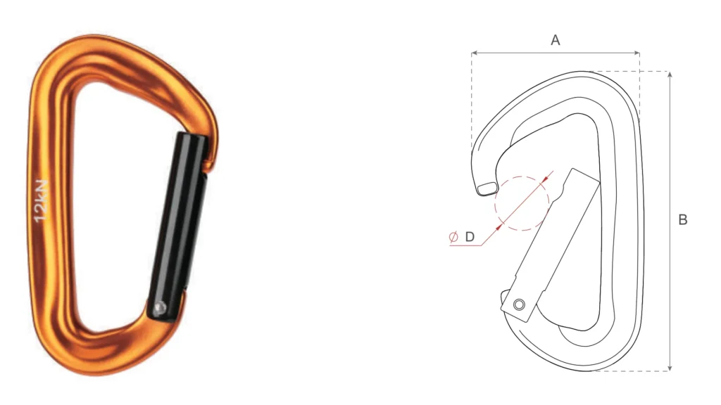 D702S1 aluminum utility carabiner with technical drawing, 12kN MBS, 7075 alloy, featuring a black anodized gate and orange body.