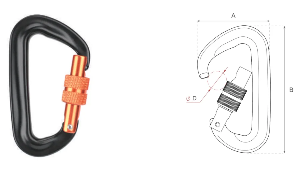 D702S2 screw gate aluminum carabiner technical drawing, featuring 12kN breaking strength, 7075 alloy, and manual locking screw nut in orange.