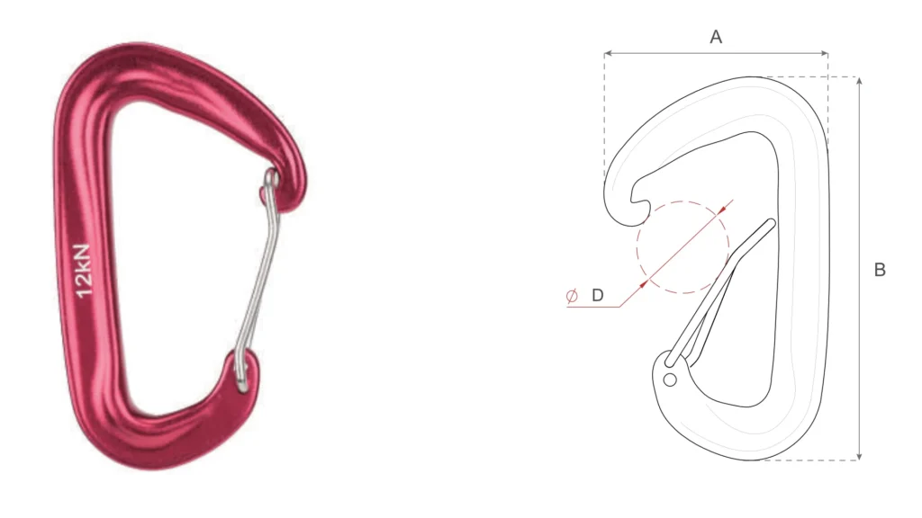 D702T ultra-lightweight 21g wire gate carabiner technical drawing, featuring 12kN MBS, 7075 aviation aluminium, and 19mm gate opening.