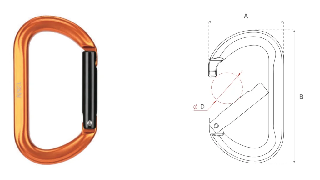 D708S1 oval-shaped aluminum carabiner with technical drawing, straight gate design, 12kN MBS, 7075 aviation aluminium specs.