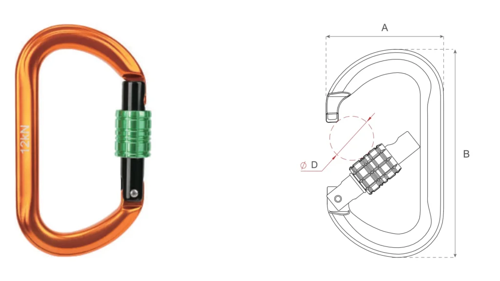 D708S2 oval aluminum carabiner with screw locking gate, technical drawing showing 12kN MBS, 7075 aviation aluminium, and manual lock nut.
