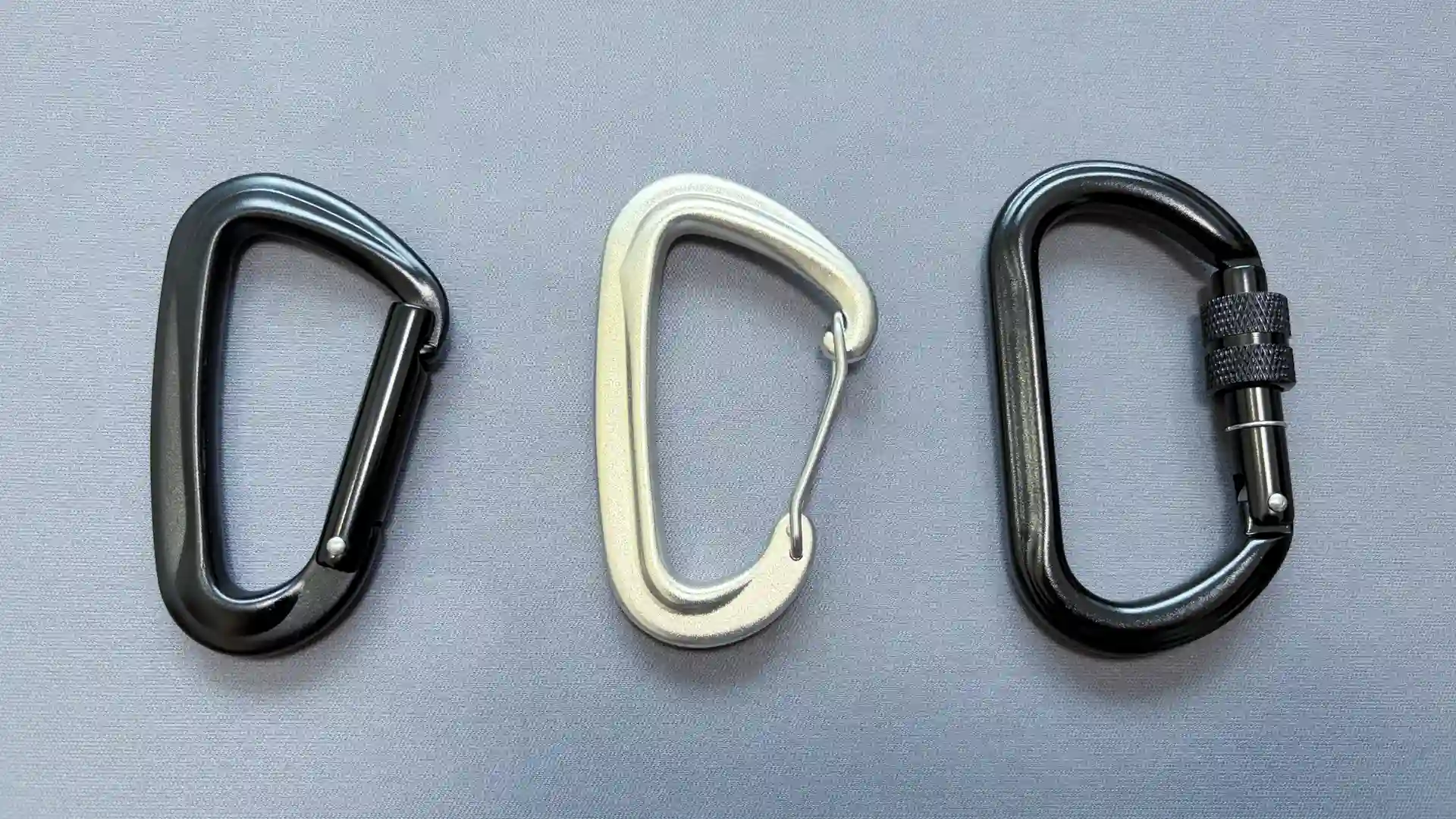 D70 series aluminum carabiners in three models: bend gate, wire gate, and screw locking gate made from 7075 aviation aluminium.