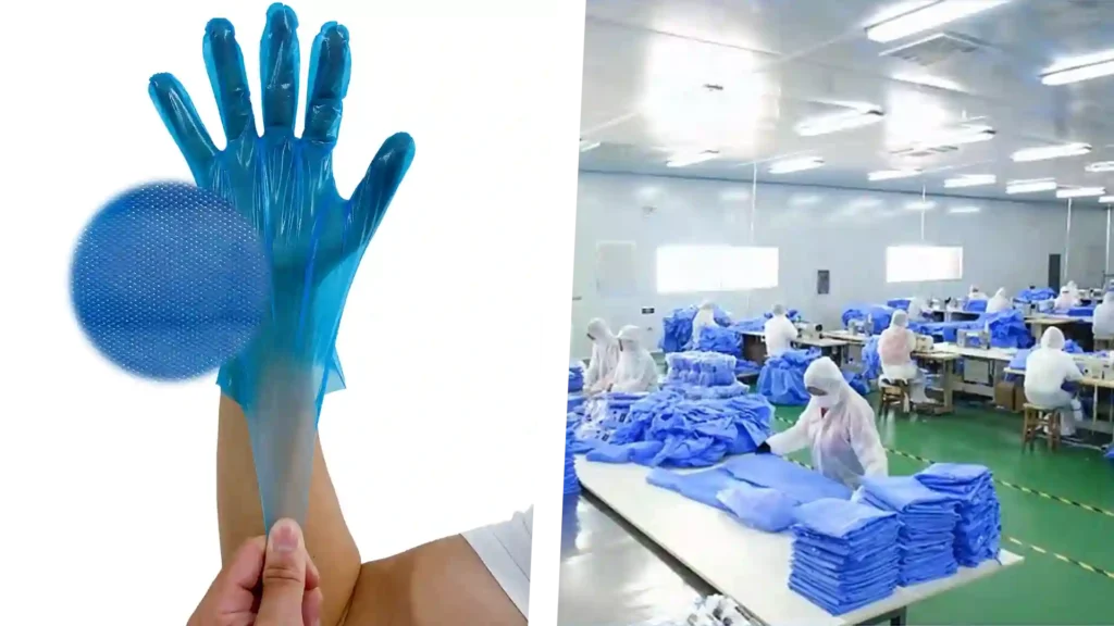 Split-screen image showing a translucent blue textured disposable glove on a hand with an inset detail of the embossed grip; the right side shows workers in white protective suits folding blue medical garments or gloves in a brightly lit industrial factory.