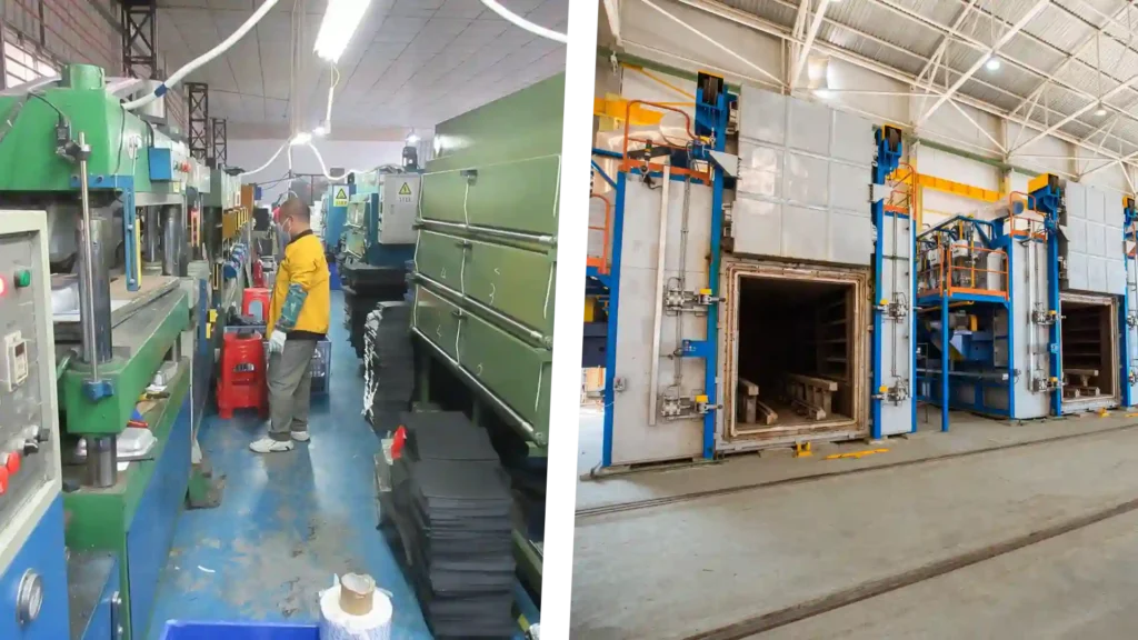 Worker operating a production line next to industrial EVA foam sheets and large curing ovens in a factory setting.