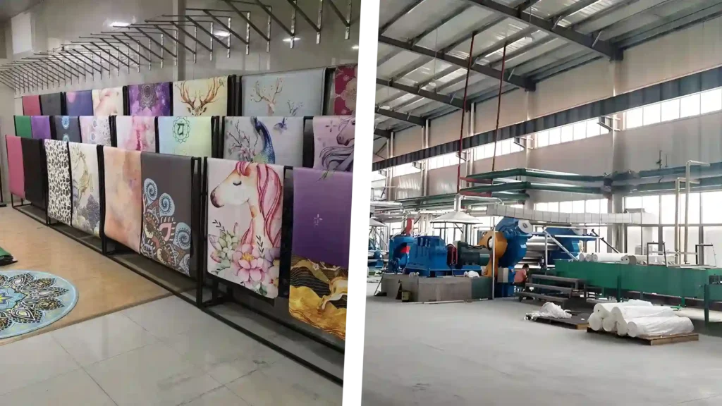 Wholesale natural rubber yoga mat factory showcasing a wide variety of custom-printed designs and the professional-grade manufacturing equipment used for bulk eco-friendly mat production.