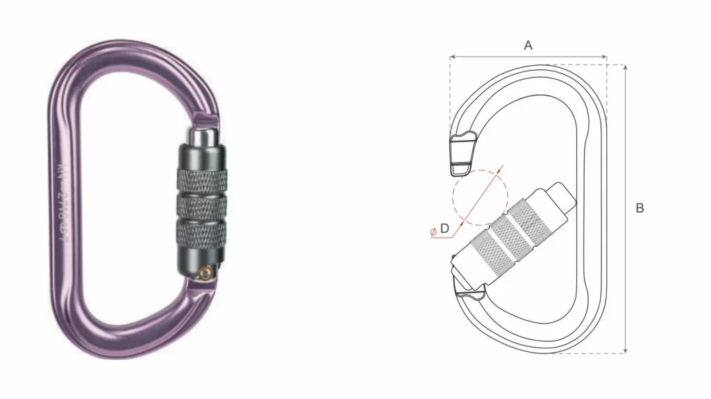 Purple Anodized P708S3 Aluminum Carabiner Spec Sheet by Welle Trade | A65mm B115mm D22mm 7075 Alloy