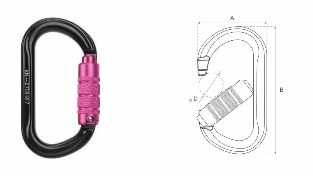 Black and Pink P708S4 Series Screw Gate Carabiner with Technical Diagram by Welle Trade | 7075 Aluminium 27kN