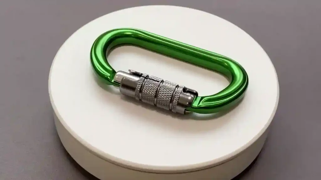 P708S4 green aluminum locking carabiner for outdoor gear and professional rigging by Welle Trade, shown in a product display.