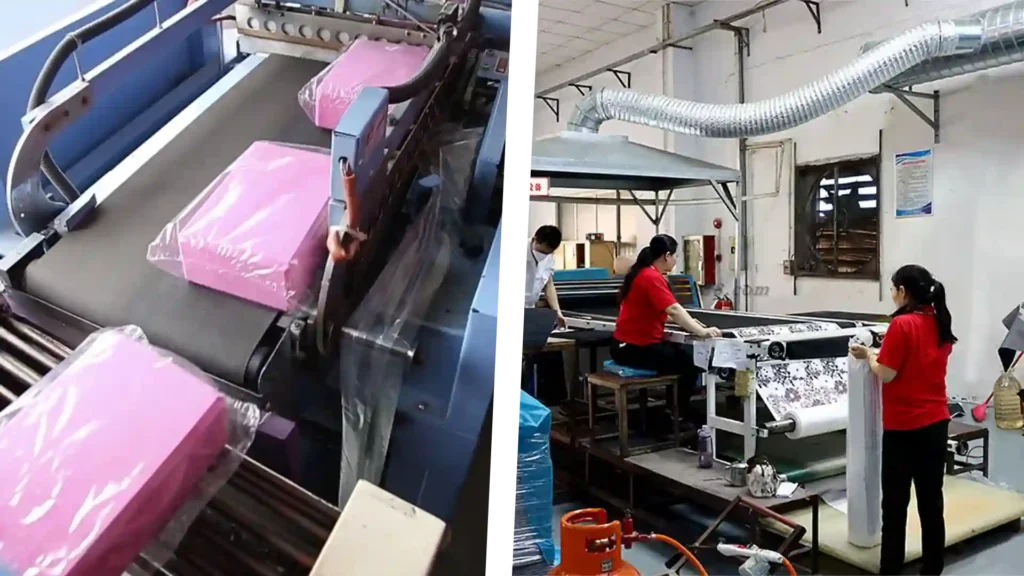 A two-paneled view of a sports goods factory: the left side shows pink EVA foam yoga blocks being plastic-wrapped on a conveyor belt; the right side shows workers in red shirts operating machinery to process patterned fabric rolls.