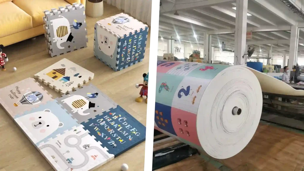 High-quality XPE foam play mat production featuring colorful non-toxic alphabet tiles and large-scale industrial printing machinery for wholesale manufacturing.